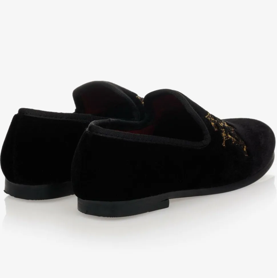 Boys Black Velvet Gold Crest Shoes