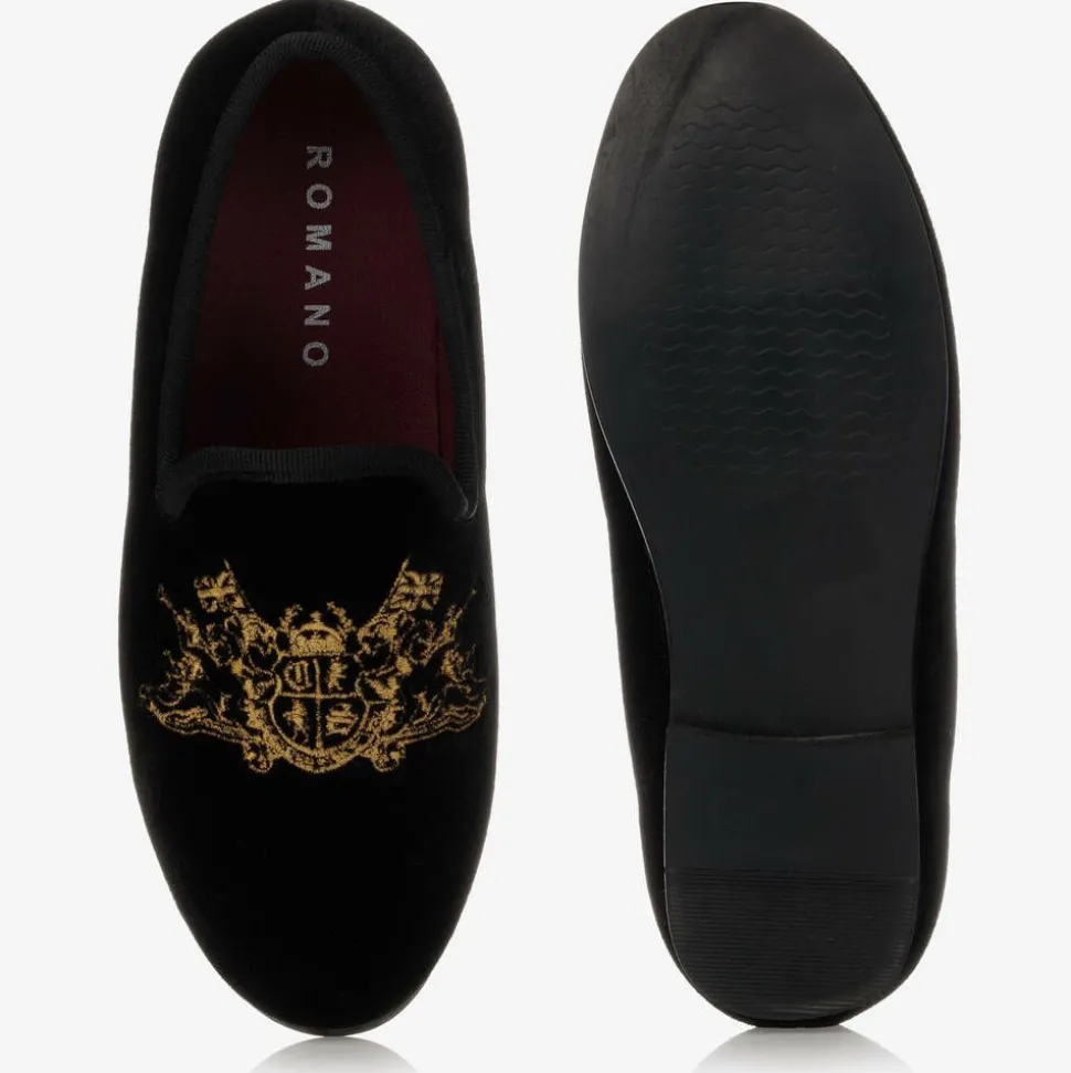 Boys Black Velvet Gold Crest Shoes