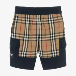 Boys Blue & Beige Check Cargo Shorts
