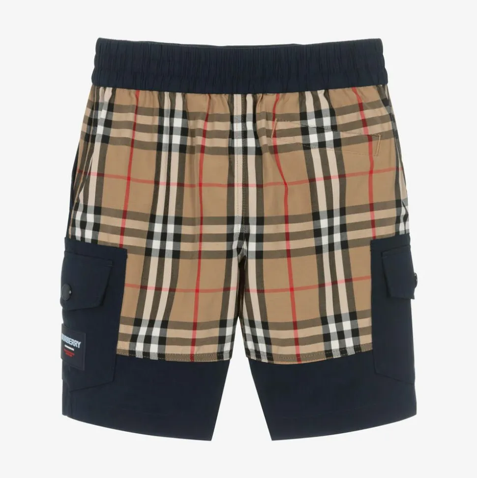 Boys Blue & Beige Check Cargo Shorts