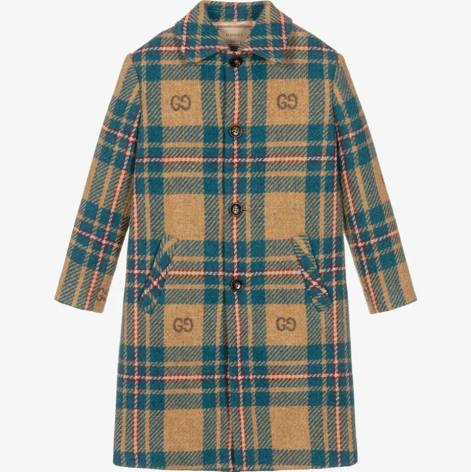 Boys Blue & Beige GG Check Wool Coat