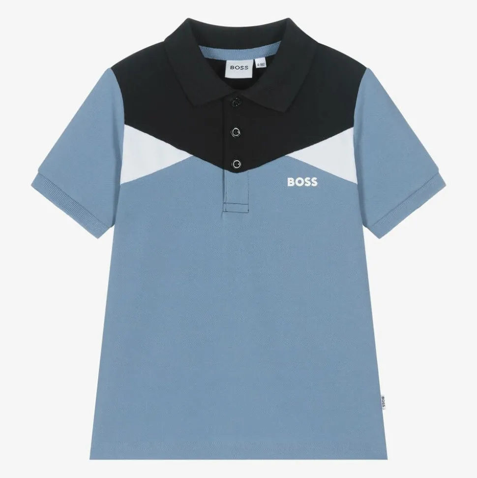 Boys Blue Colour Block Cotton Polo Shirt