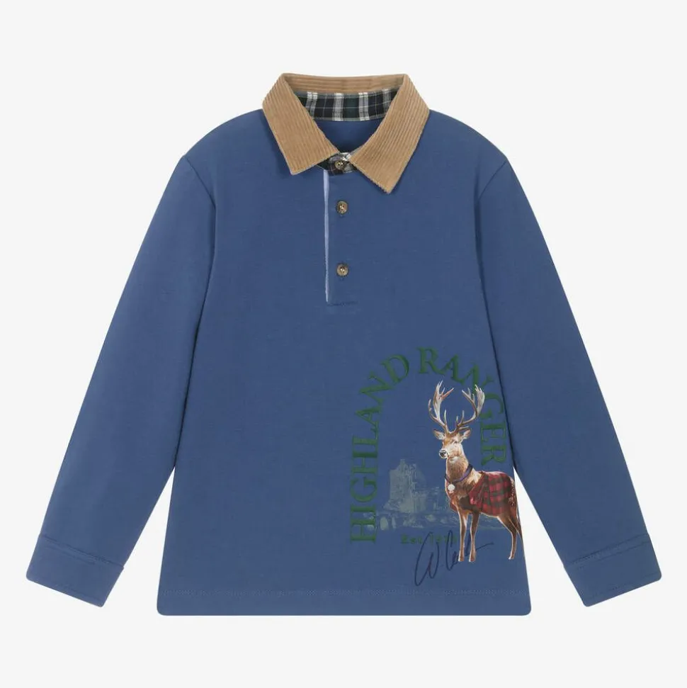 Boys Blue Cotton Deer Print Polo Shirt