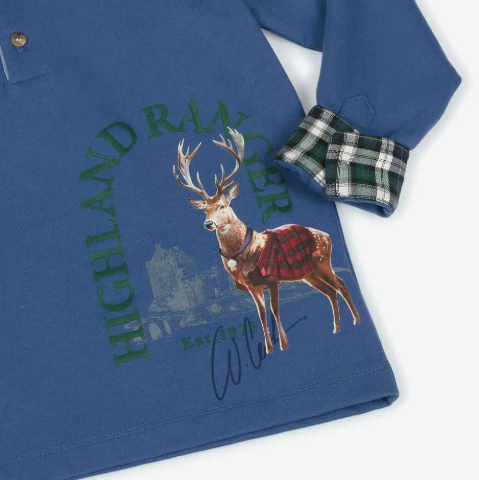Boys Blue Cotton Deer Print Polo Shirt