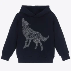 Boys Blue Cotton Embroidered Wolf Hoodie
