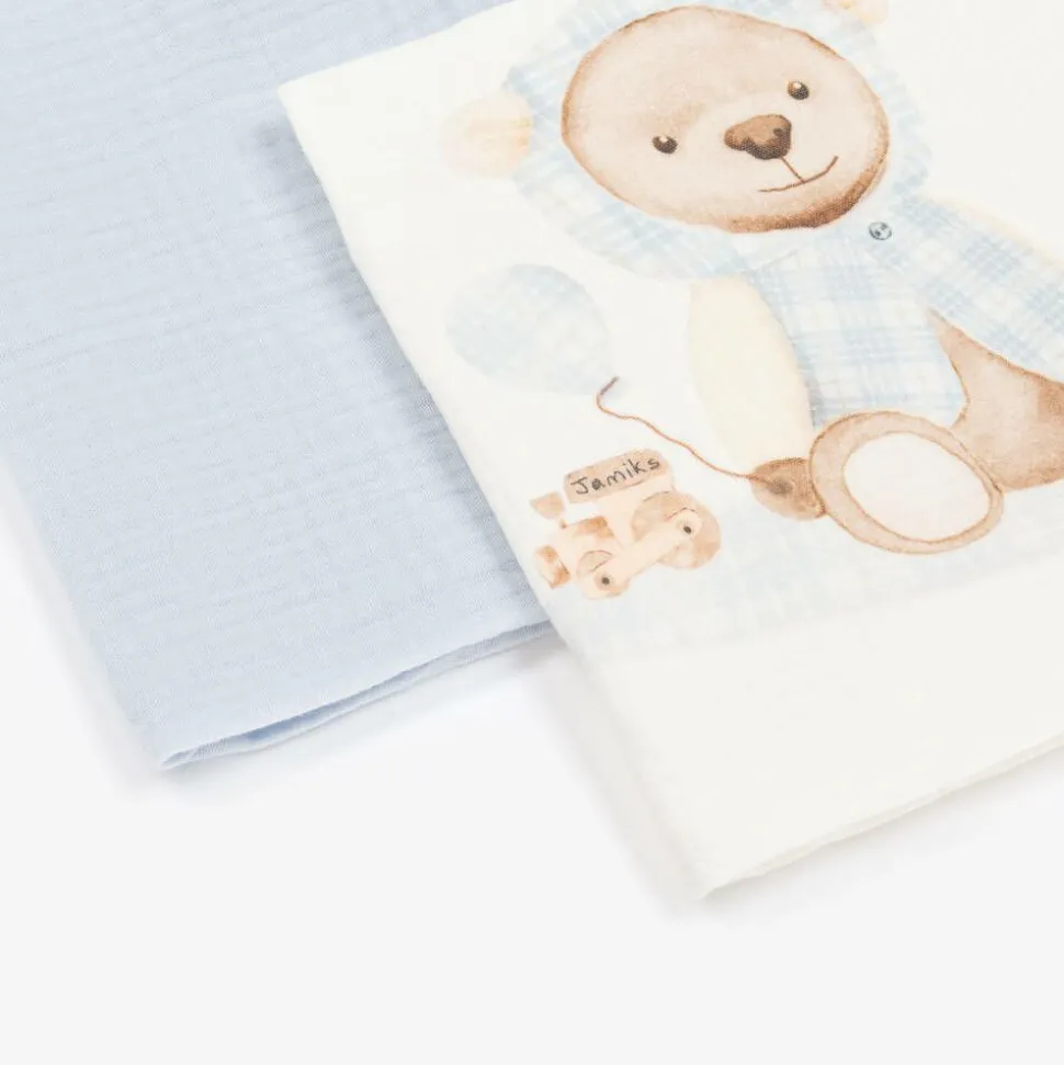 Boys Blue Cotton Teddy Muslins (2 Pack)