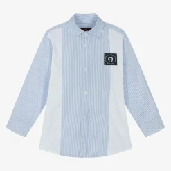 Boys Blue Striped Panel Cotton Shirt