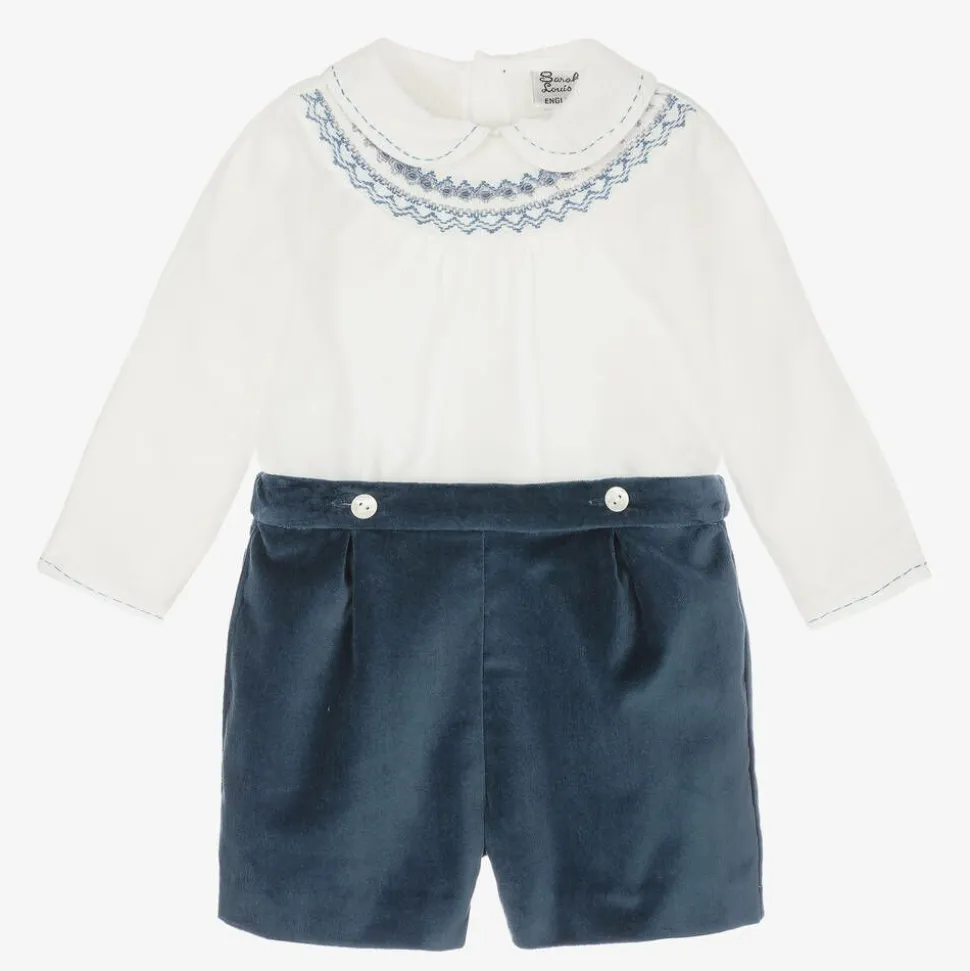 Boys Blue Velvet Hand-Smocked Buster Suit