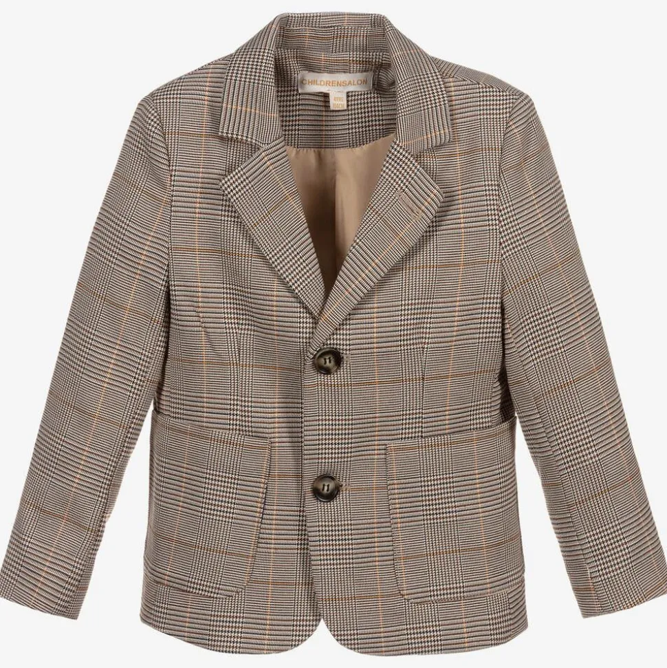 Boys Brown Dogstooth Check Jacket
