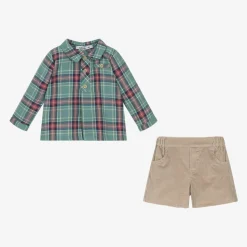Boys Green & Beige Corduroy Shorts Set