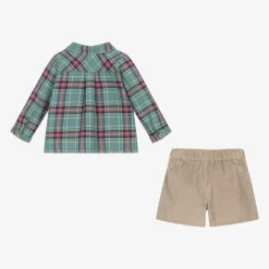 Boys Green & Beige Corduroy Shorts Set