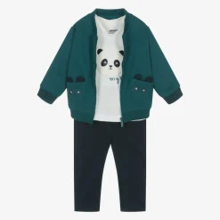 Boys Green & Blue Cotton Panda Tracksuit Set