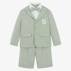 Boys Green Cotton & Linen Shorts Suit