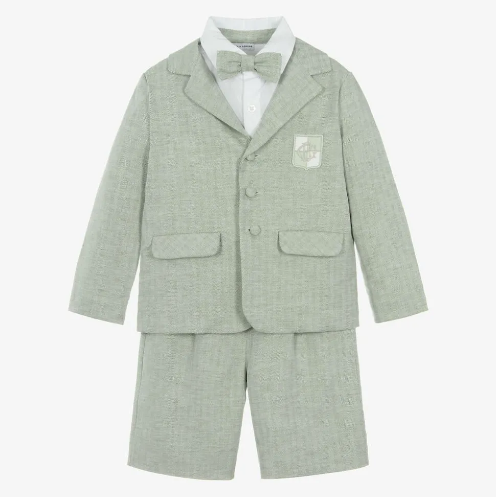 Boys Green Cotton & Linen Shorts Suit