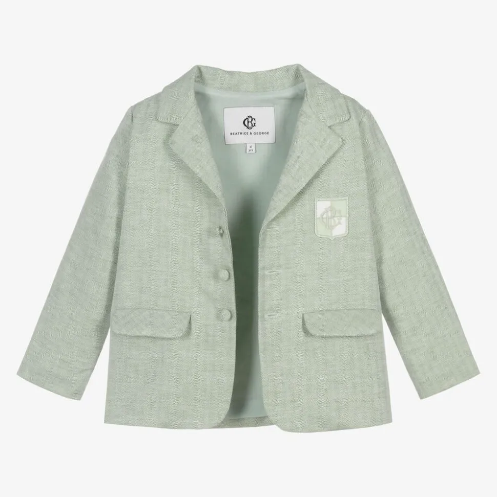 Boys Green Cotton & Linen Shorts Suit