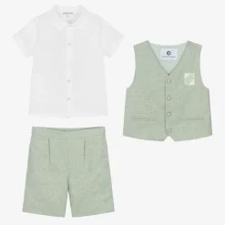 Boys Green Cotton & Linen Waistcoat Suit