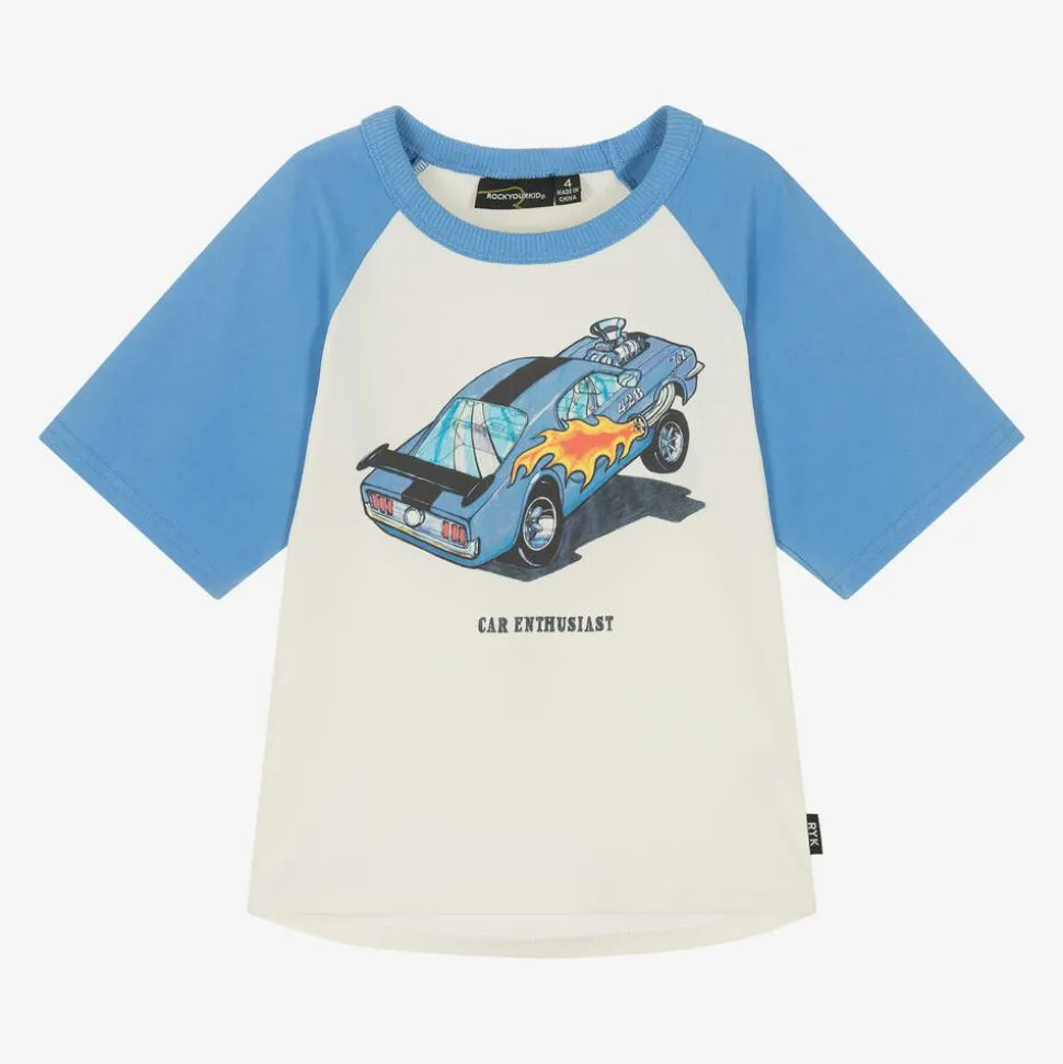 Boys Ivory & Blue Cotton Car T-Shirt