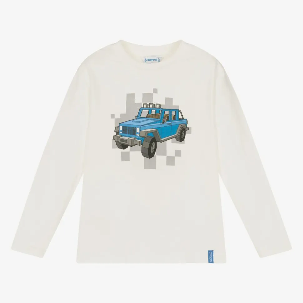 Boys Ivory Cotton Blue Car Print Top