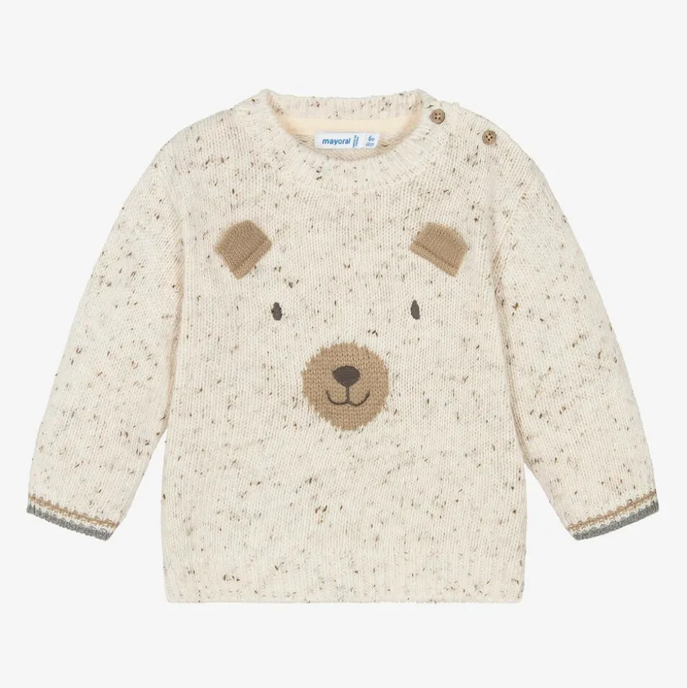 Boys Ivory Wool Knit Bear Sweater