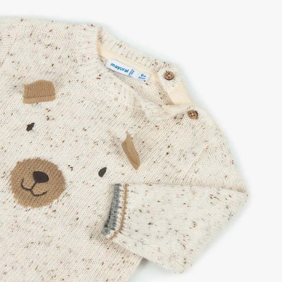 Boys Ivory Wool Knit Bear Sweater