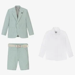 Boys Mint Blue Cotton Stripe Shorts Suit
