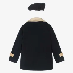Boys Navy Blue & Beige Coat & Hat Set