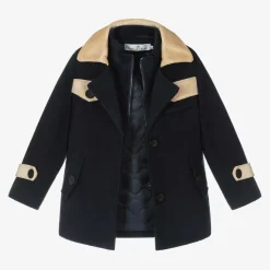 Boys Navy Blue & Beige Coat & Hat Set