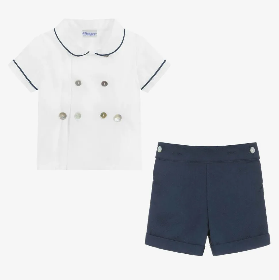 Boys Navy Blue & White Cotton Buster Suit