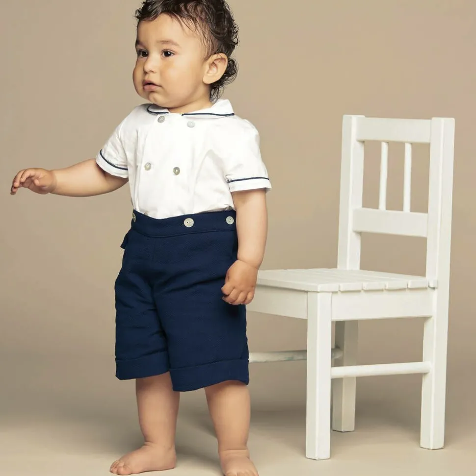 Boys Navy Blue & White Cotton Buster Suit