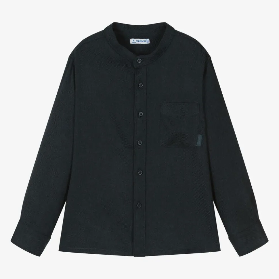 Boys Navy Blue Collarless Shirt