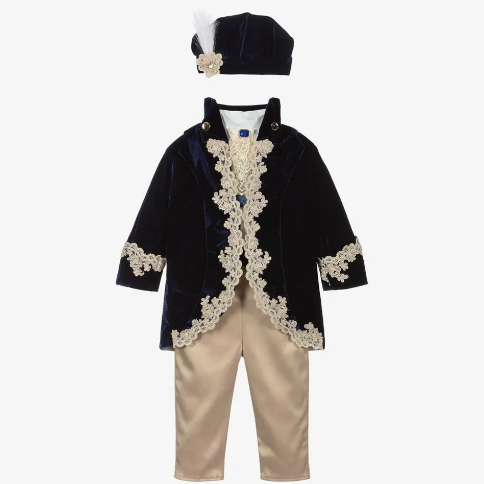 Boys Navy Blue Velvet & Satin Suit