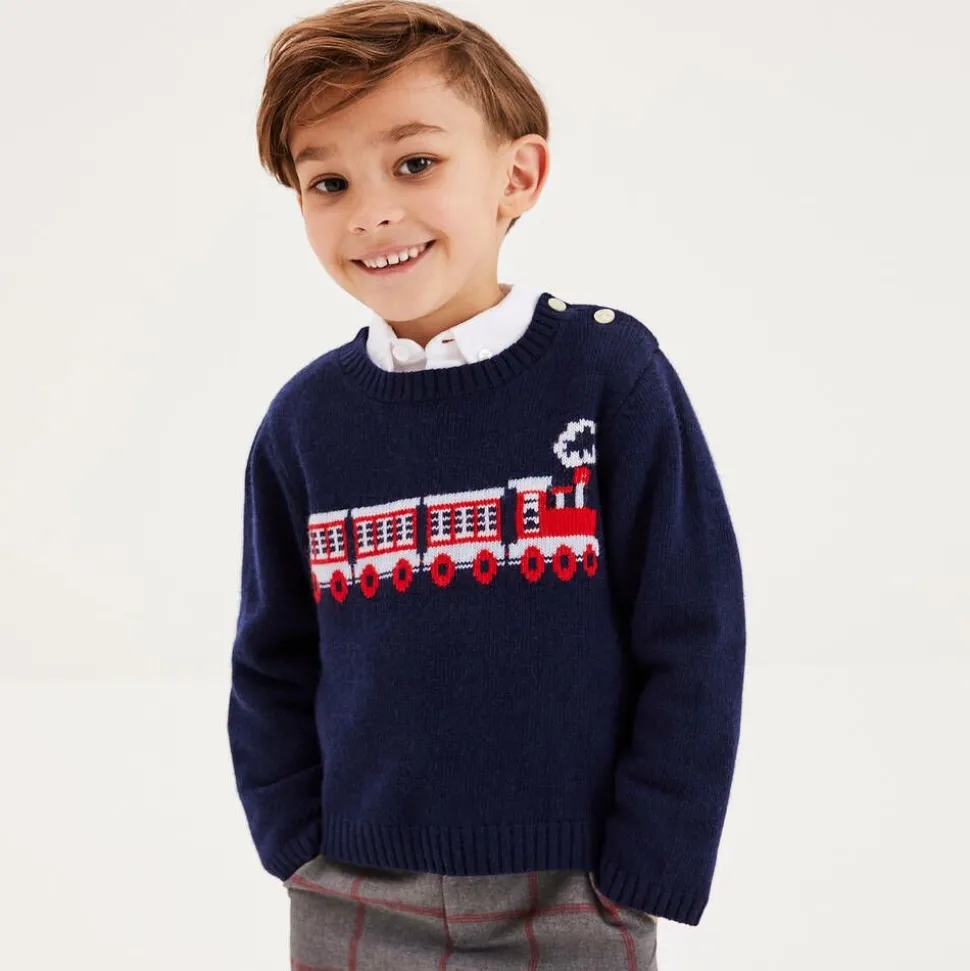 Boys Navy Blue Wool Train Sweater