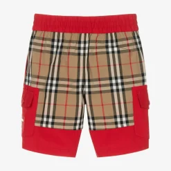 Boys Red & Beige Check Cargo Shorts
