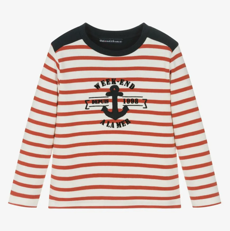 Boys Red & Ivory Breton Striped Cotton Top