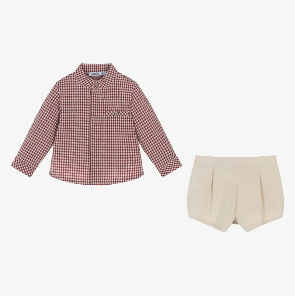 Boys Red Gingham & Beige Cotton Shorts Set