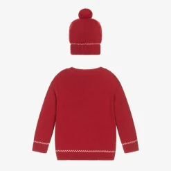 Boys Red Knitted Bear Sweater & Hat Set
