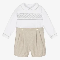 Boys White & Beige Cotton Buster Suit