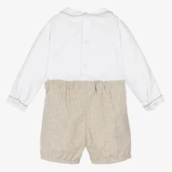 Boys White & Beige Cotton Buster Suit