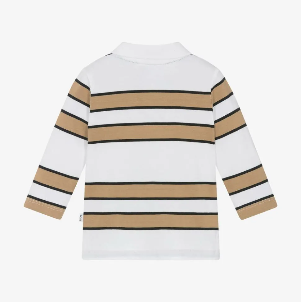 Boys White & Beige Striped Cotton Polo Shirt