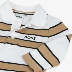 Boys White & Beige Striped Cotton Polo Shirt
