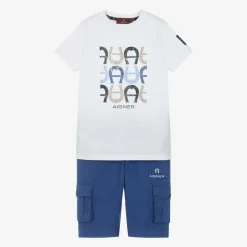 Boys White & Blue Cotton Shorts Set