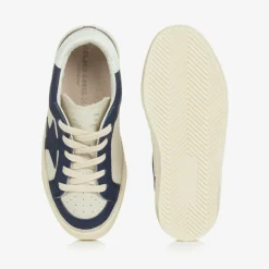 Boys White & Blue Leather May Trainers