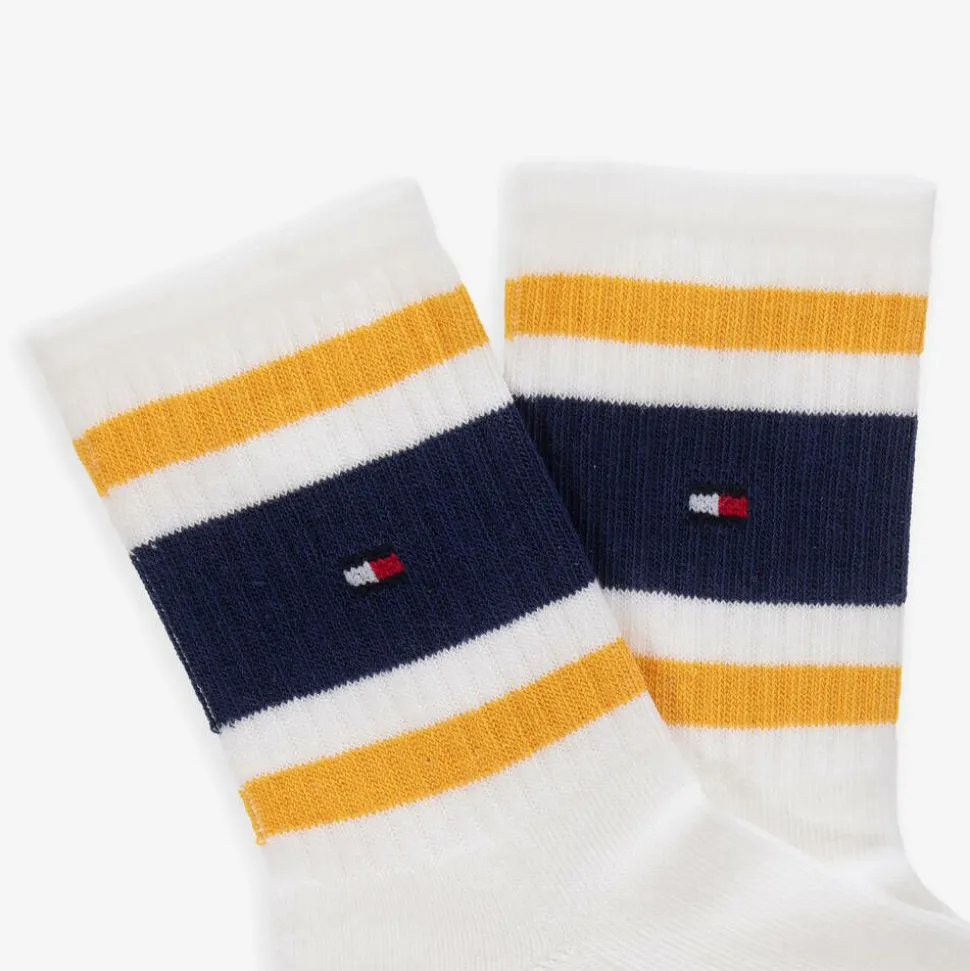 Boys White & Blue Striped Cotton Socks (2 Pack)
