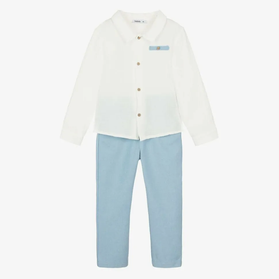 Boys White & Blue Trouser Set