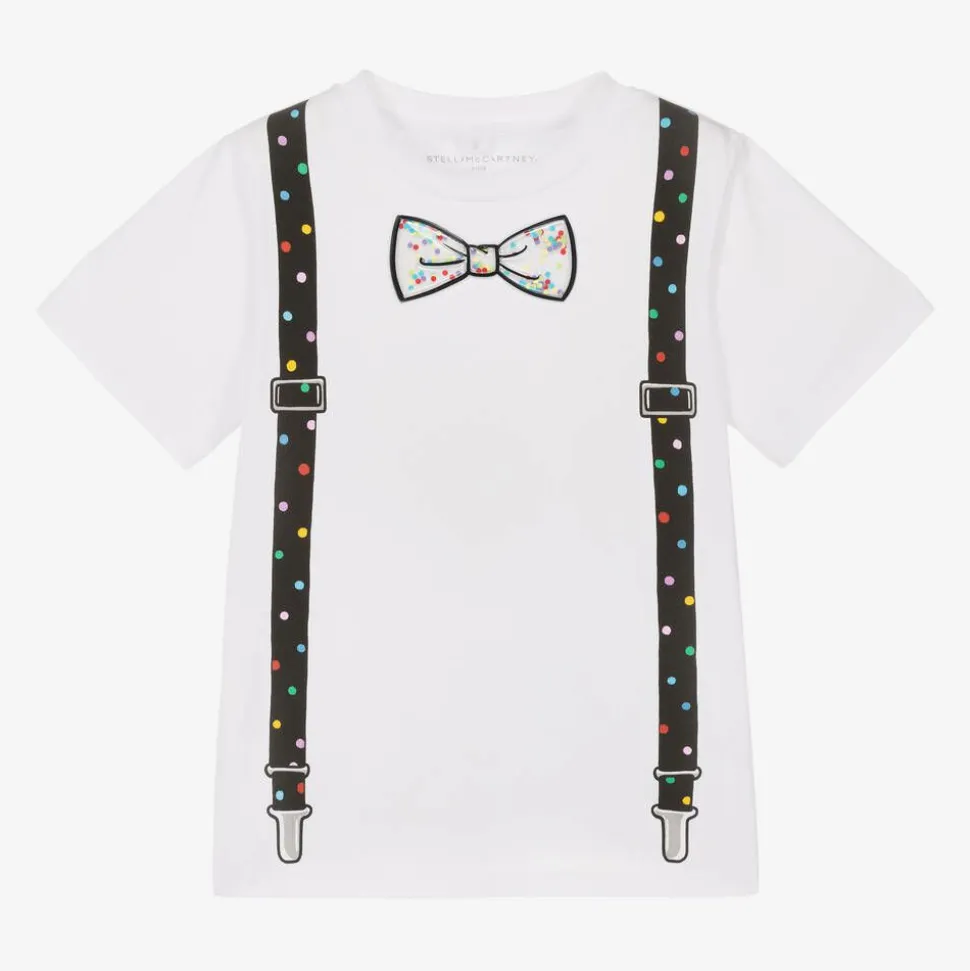 Boys White Braces Print Cotton T-Shirt