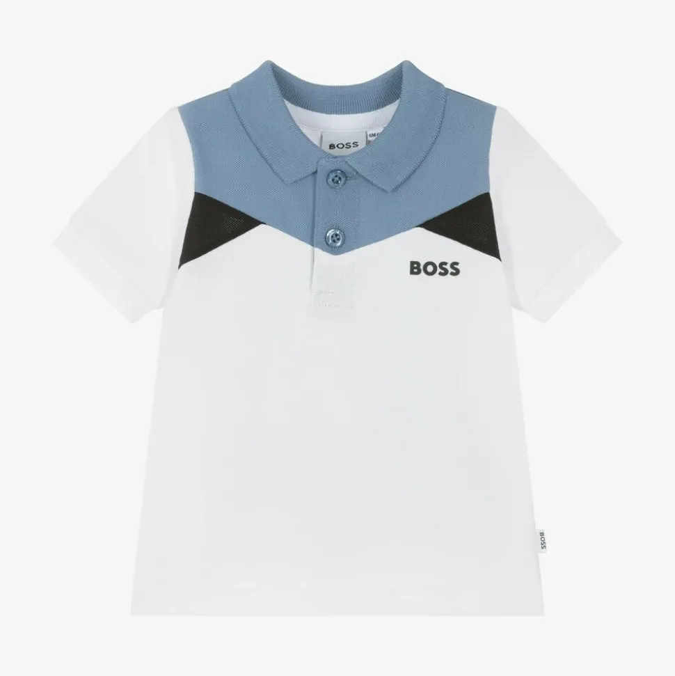 Boys White Colourblock Cotton Polo Shirt