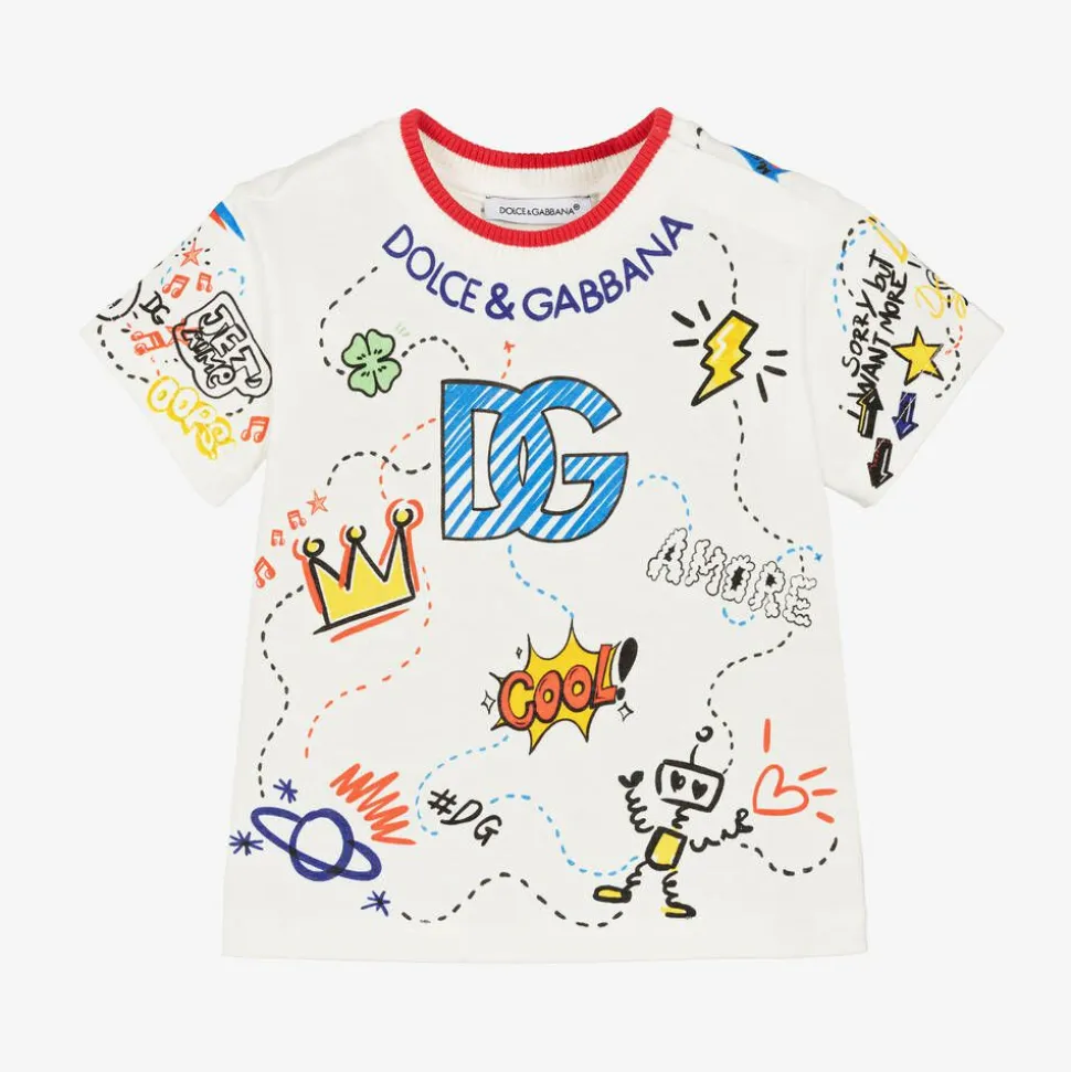 Boys White Cotton Graphic Print T-Shirt