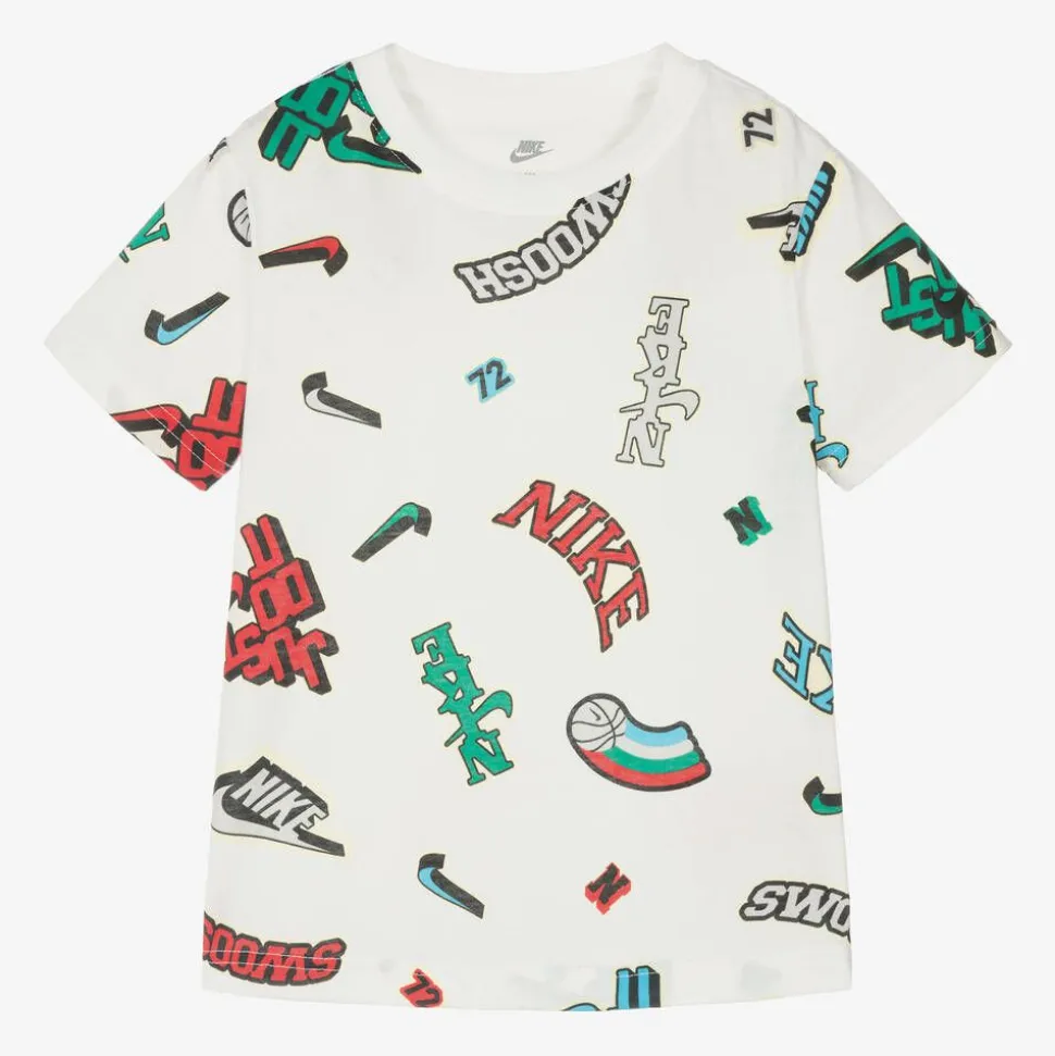 Boys White Cotton Logo Print T-Shirt