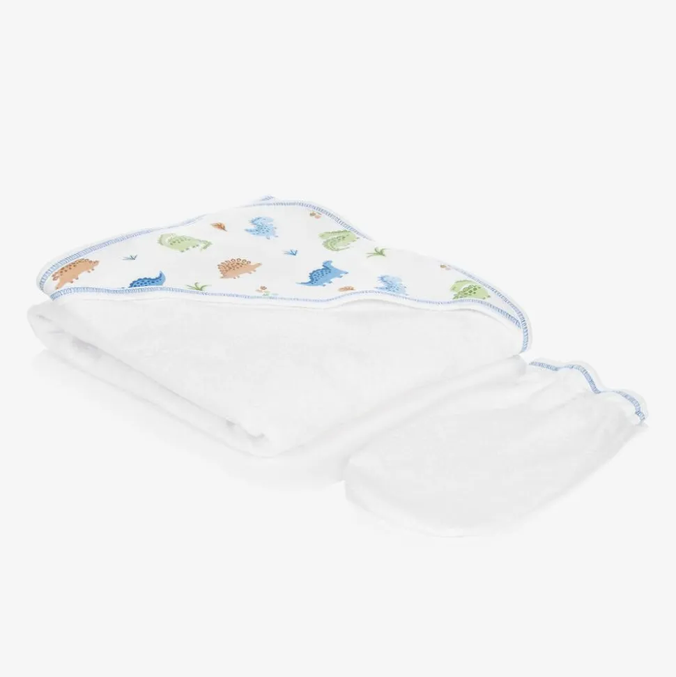 Boys White Dino Domain Hooded Towel & Mitt Set