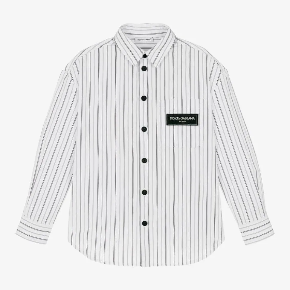 Boys White Striped Poplin Shirt